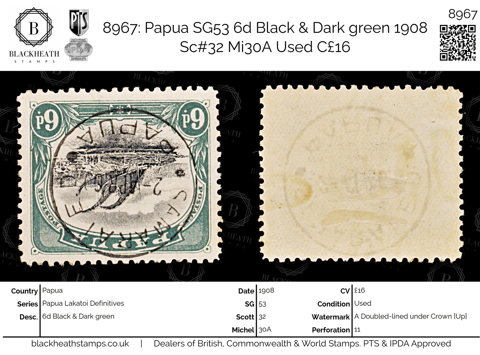 8967: Papua SG53 6d Black &  Dark green 1908 Sc#32 Mi30A Used C£16