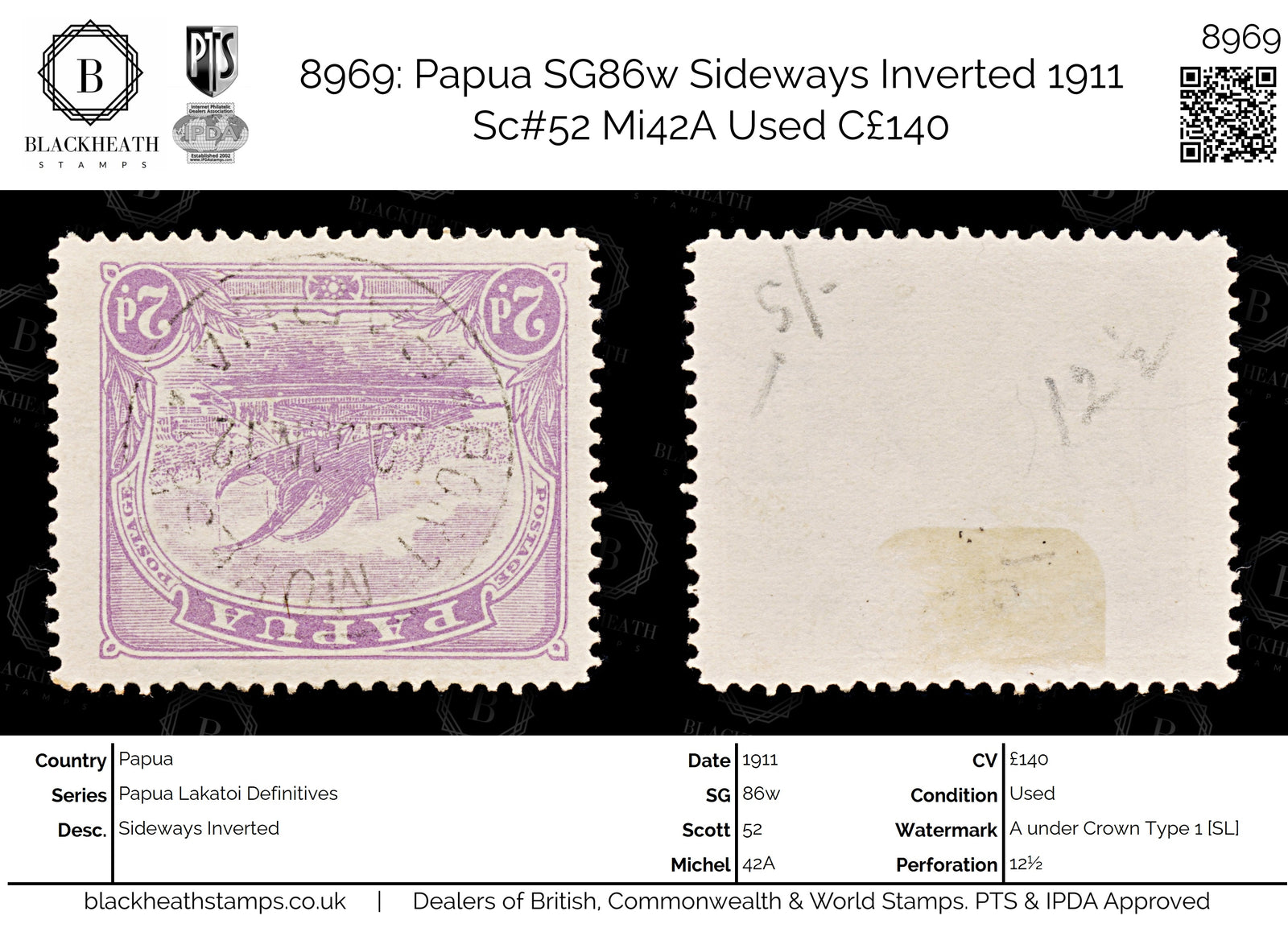 8969: Papua SG86w Sideways Inverted 1911 Sc#52 Mi42A Used C£140