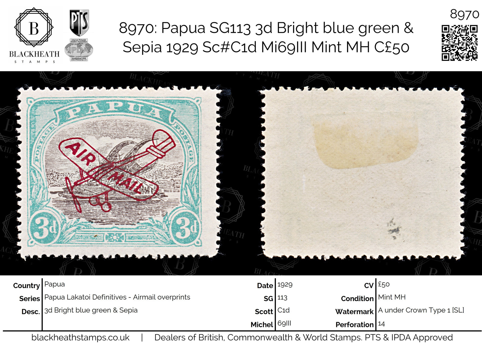 8970: Papua SG113 3d Bright blue green &  Sepia 1929 Sc#C1d Mi69III Mint MH C£50