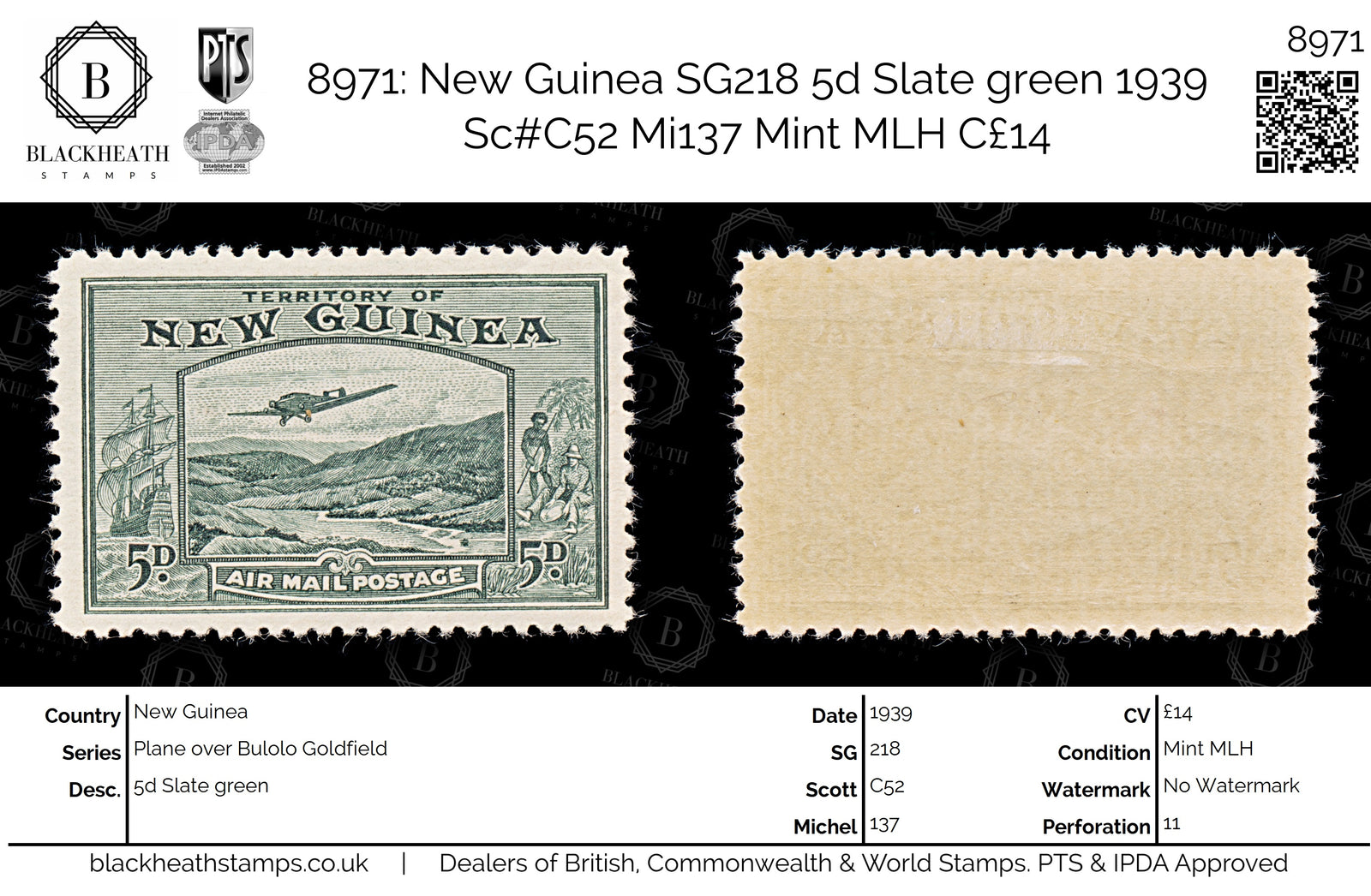 8971: New Guinea SG218 5d Slate green 1939 Sc#C52 Mi137 Mint MLH C£14