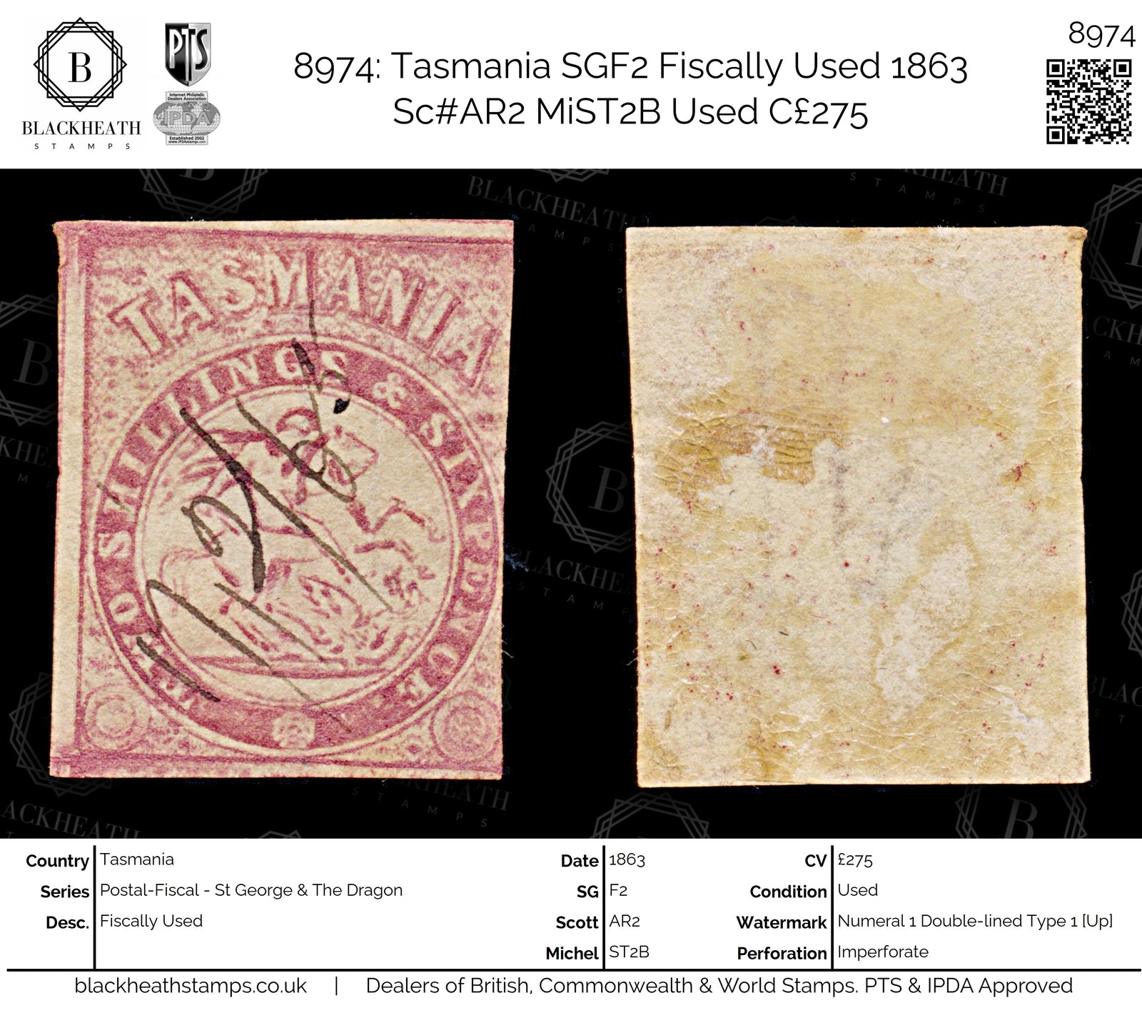 8974: Tasmania SGF2 Fiscally Used 1863 Sc#AR2 MiST2B Used C£275
