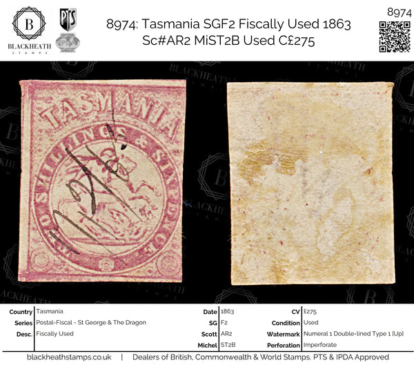 8974: Tasmania SGF2 Fiscally Used 1863 Sc#AR2 MiST2B Used C£275