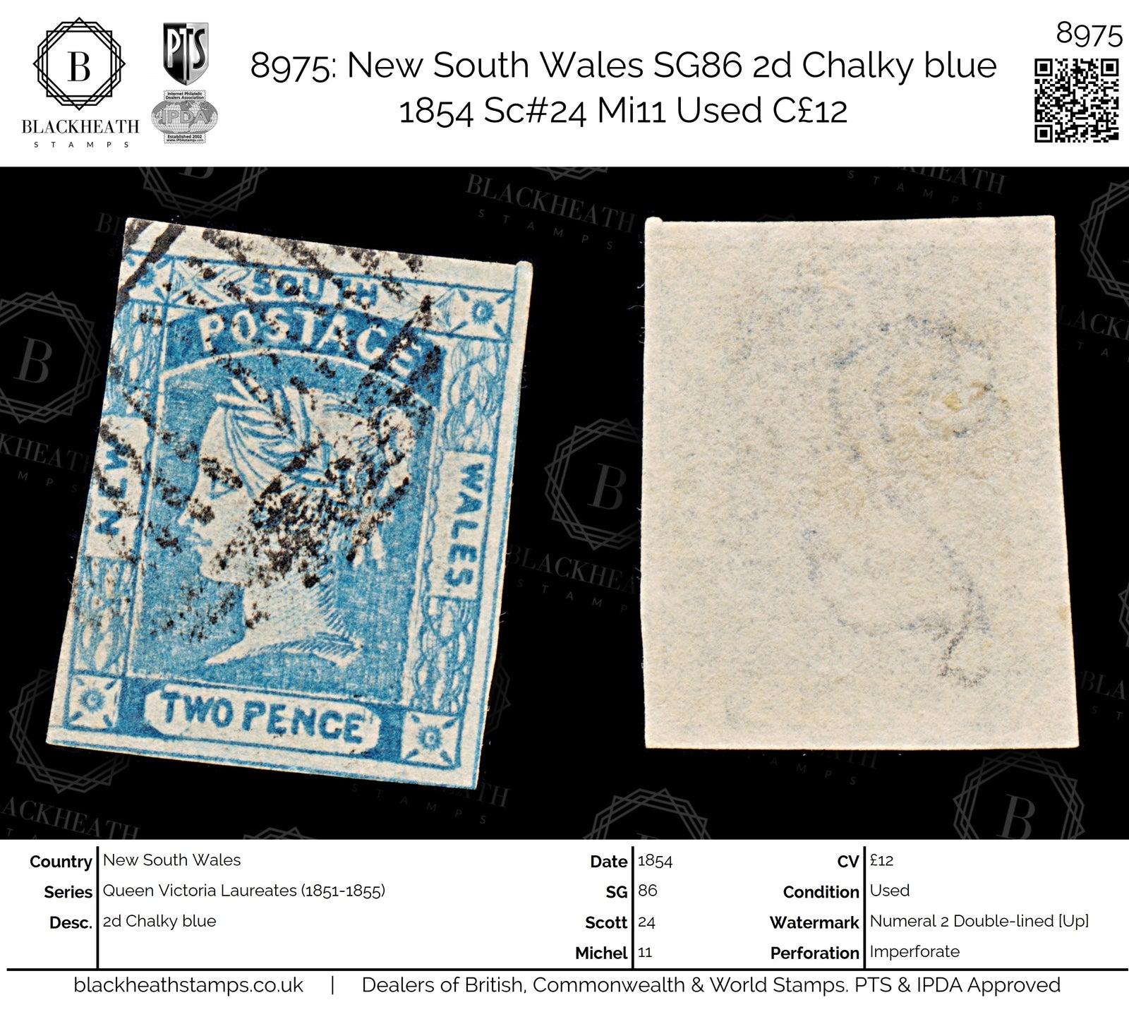 8975: New South Wales SG86 2d Chalky blue 1854 Sc#24 Mi11 Used C£12