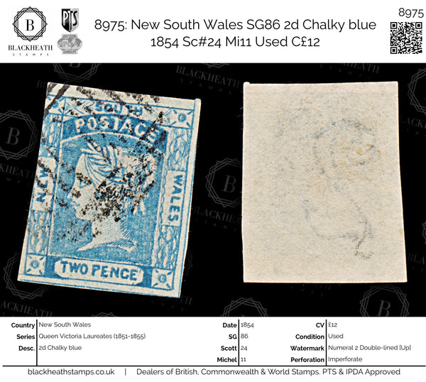 8975: New South Wales SG86 2d Chalky blue 1854 Sc#24 Mi11 Used C£12