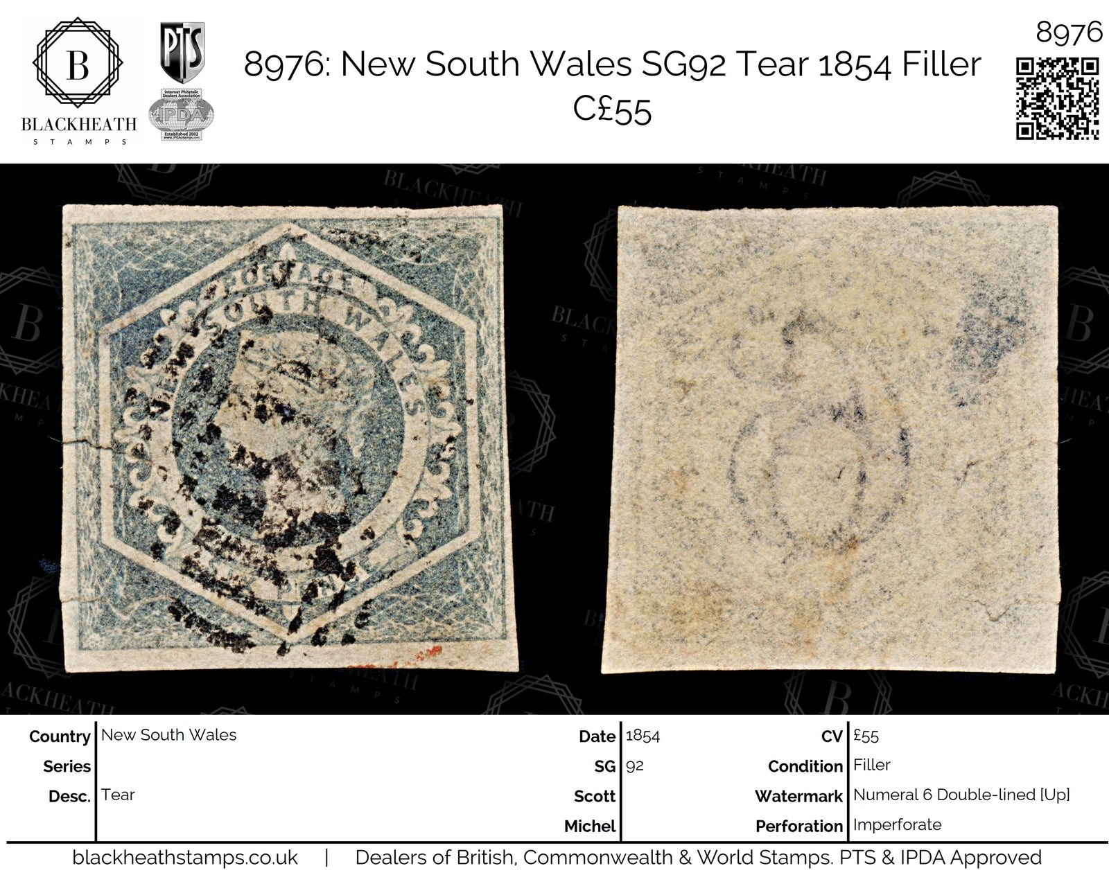 8976: New South Wales SG92 Tear 1854 Filler C£55