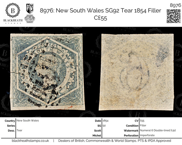 8976: New South Wales SG92 Tear 1854 Filler C£55