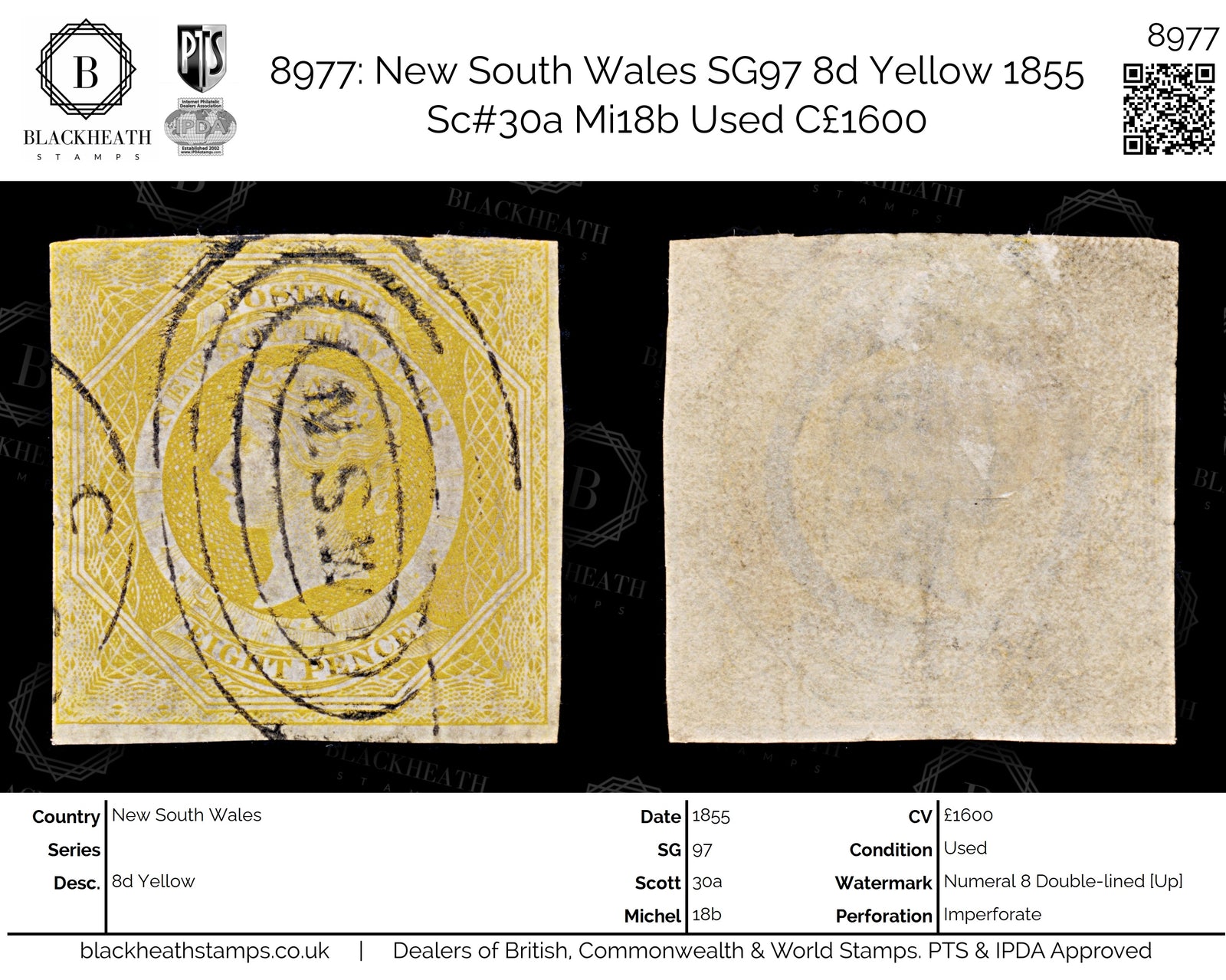 8977: New South Wales SG97 8d Yellow 1855 Sc#30a Mi18b Used C£1600