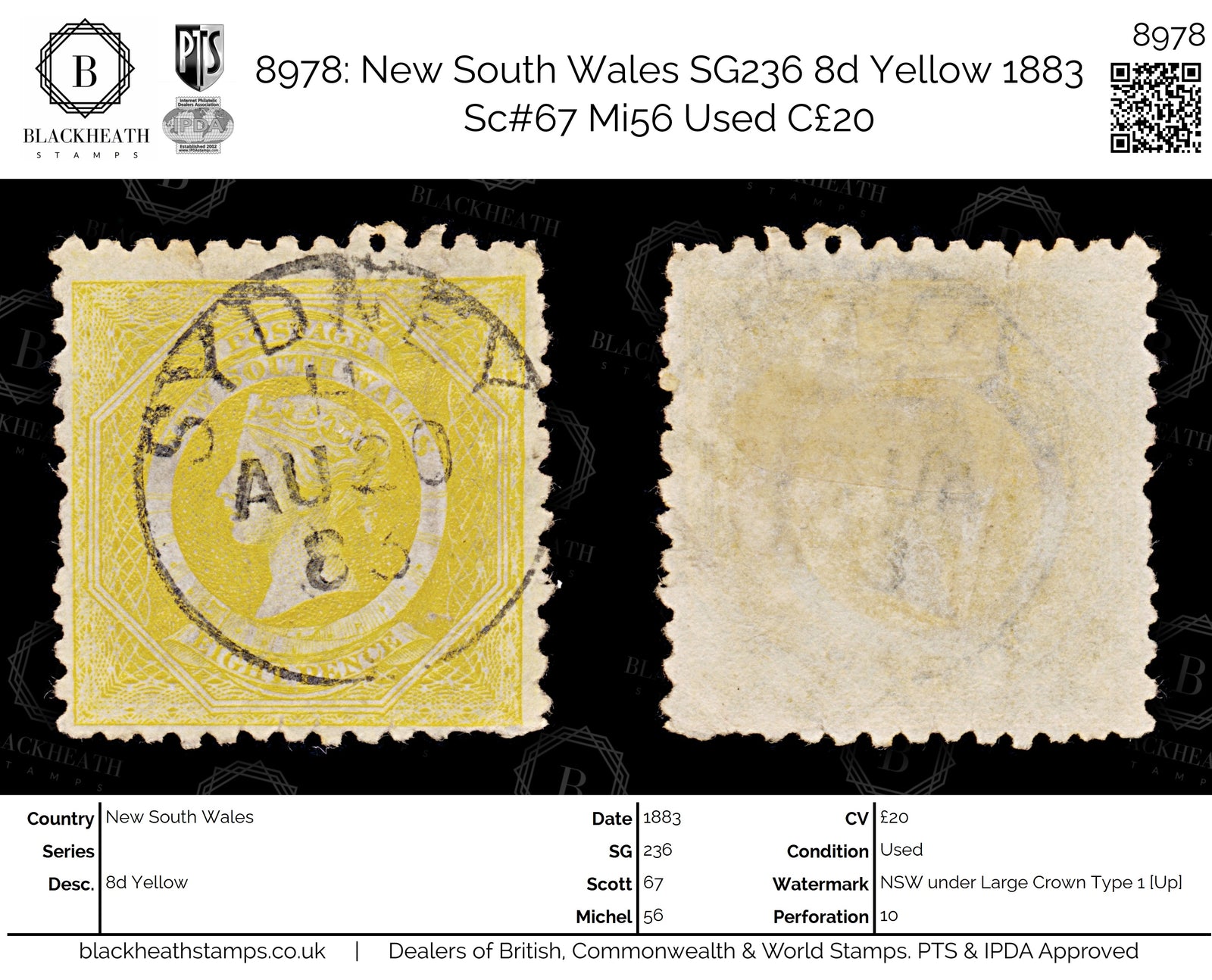 8978: New South Wales SG236 8d Yellow 1883 Sc#67 Mi56 Used C£20