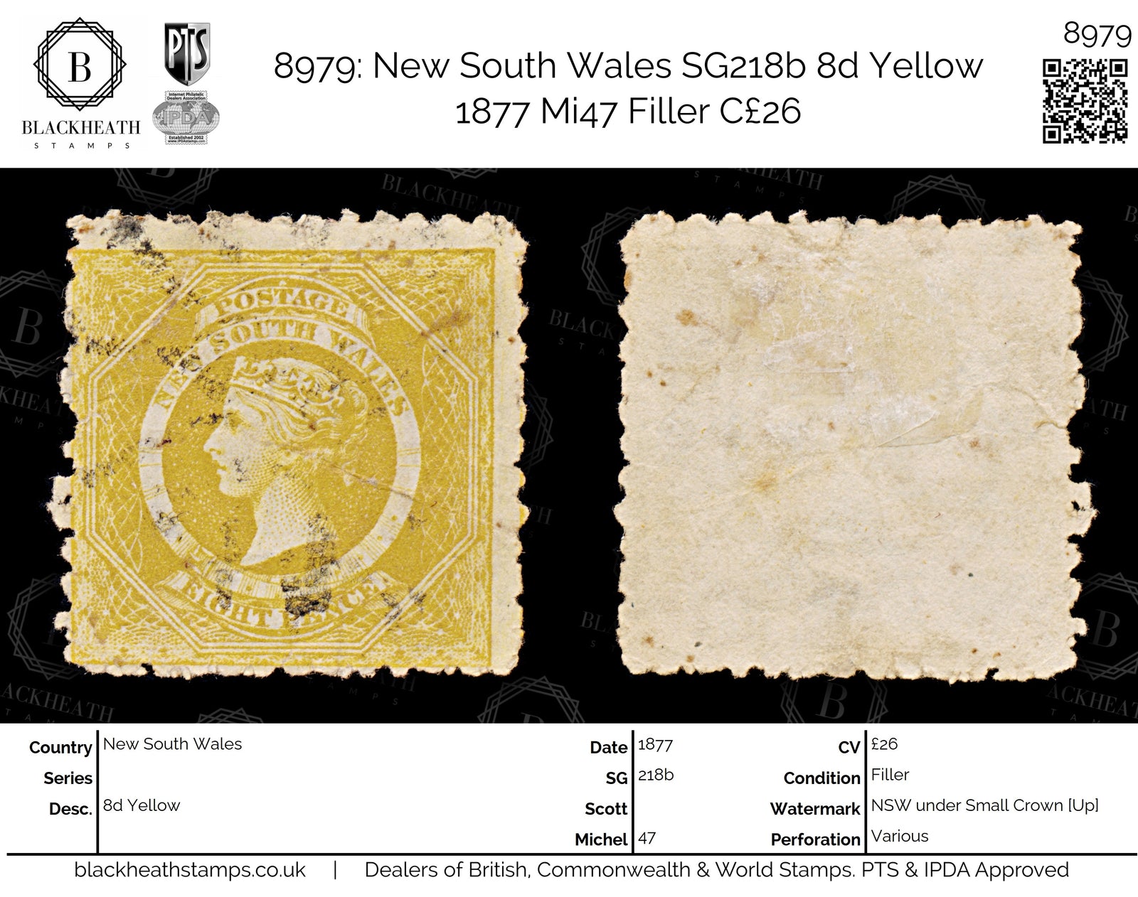 8979: New South Wales SG218b 8d Yellow 1877 Mi47 Filler C£26