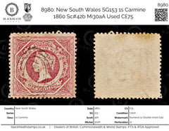 8980: New South Wales SG153 1s Carmine 1860 Sc#42b Mi30aA Used C£75, view 1