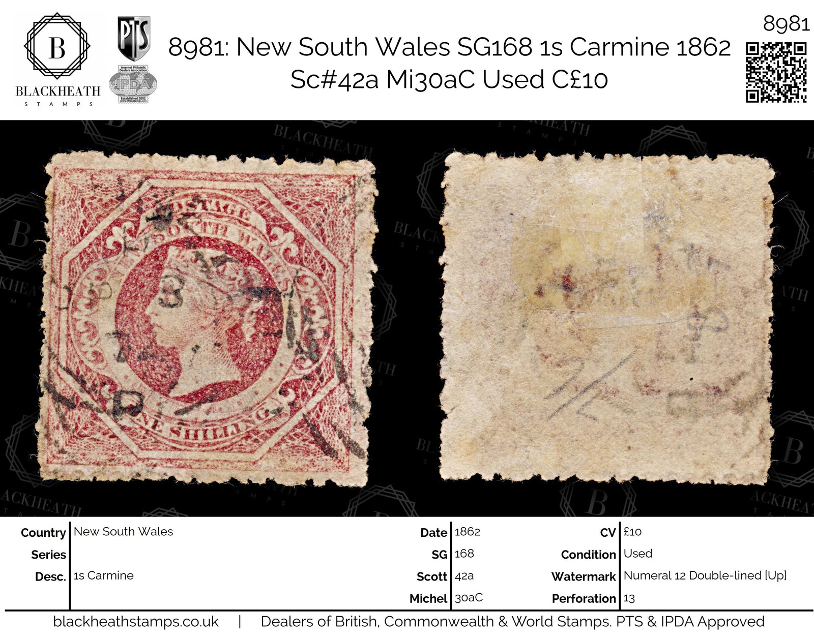 8981: New South Wales SG168 1s Carmine 1862 Sc#42a Mi30aC Used C£10