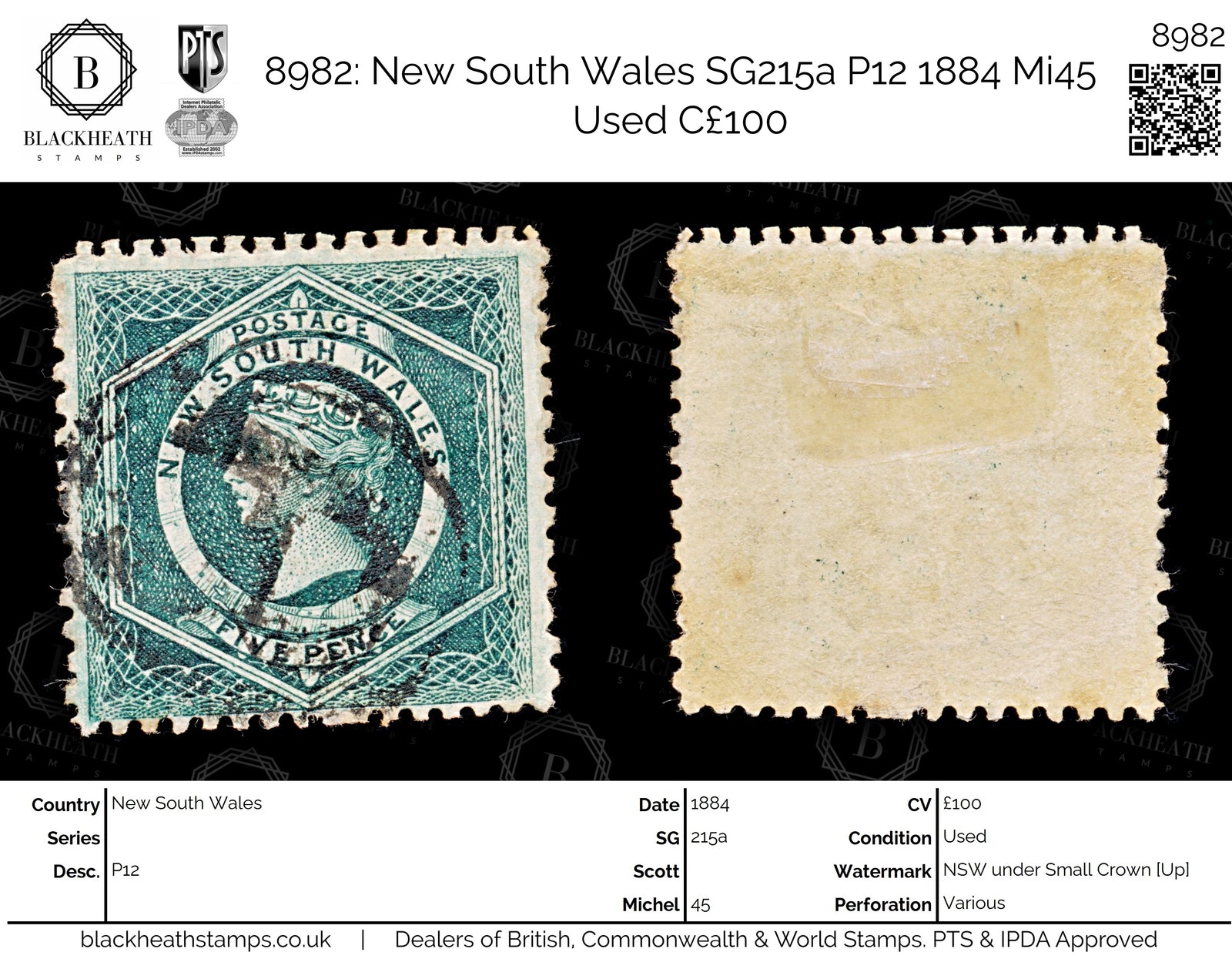 8982: New South Wales SG215a P12 1884 Mi45 Used C£100