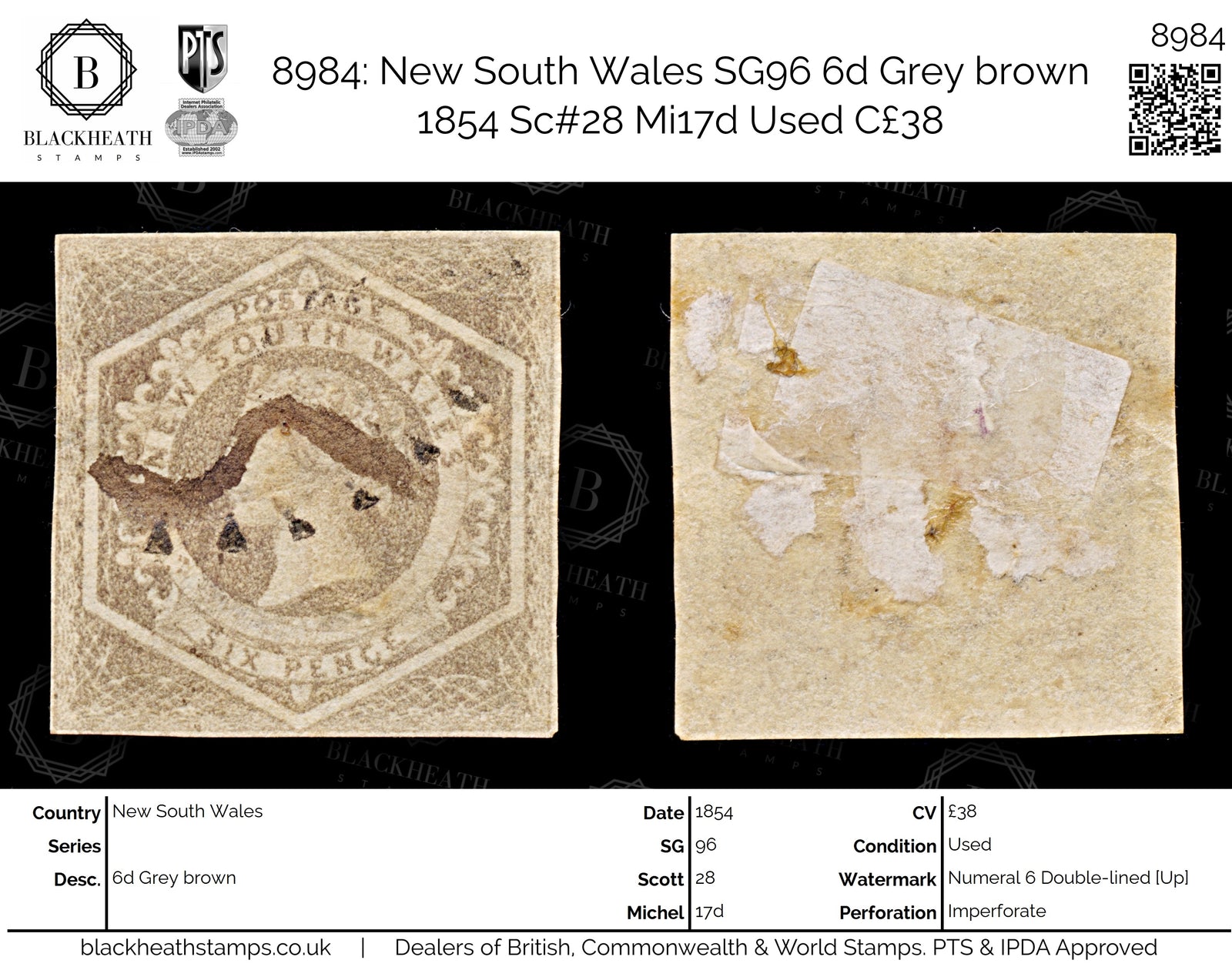 8984: New South Wales SG96 6d Grey brown 1854 Sc#28 Mi17d Used C£38