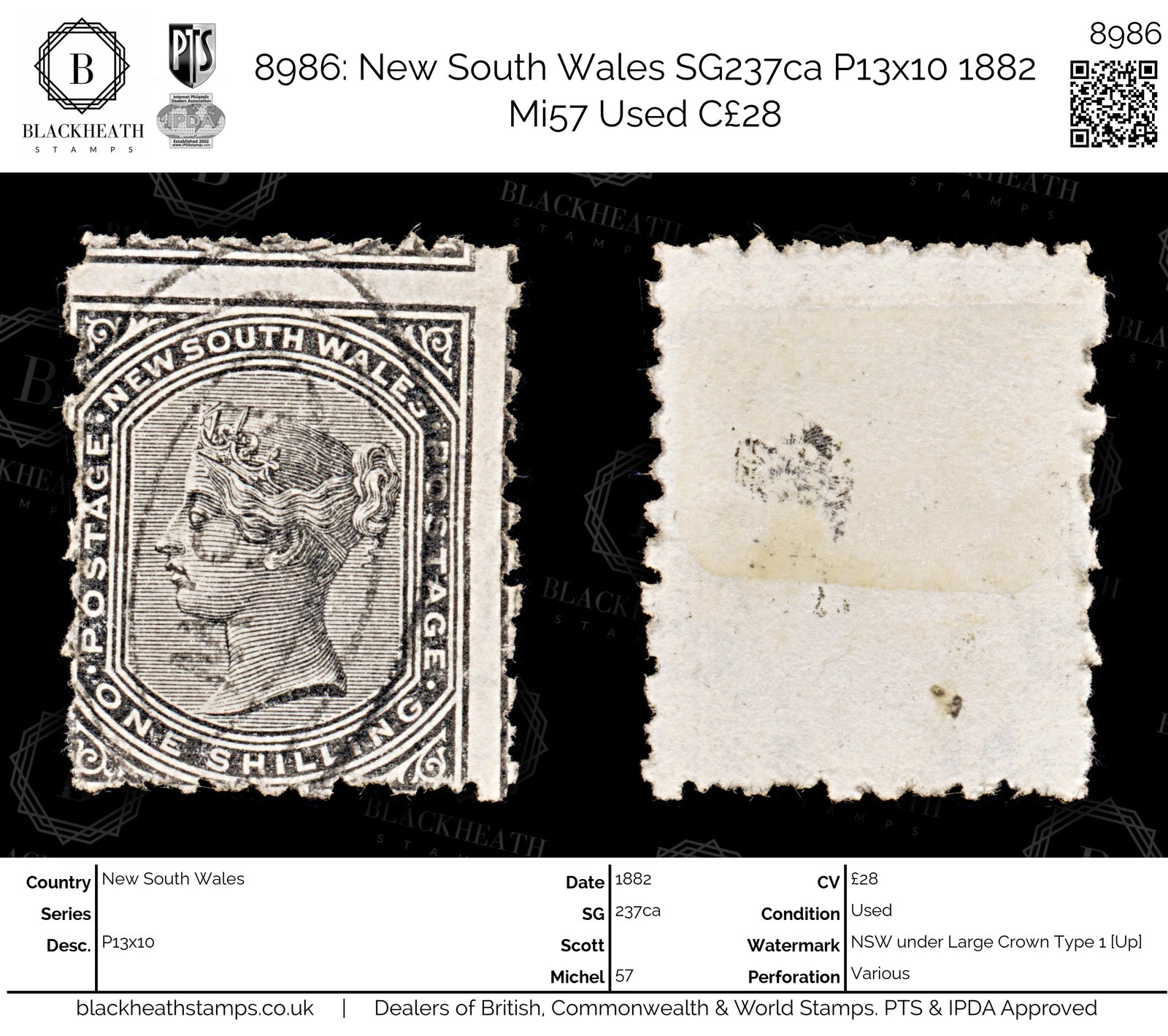 8986: New South Wales SG237ca P13x10 1882 Mi57 Used C£28