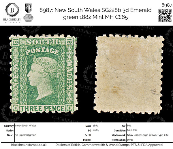 8987: New South Wales SG228b 3d Emerald green 1882 Mint MH C£65