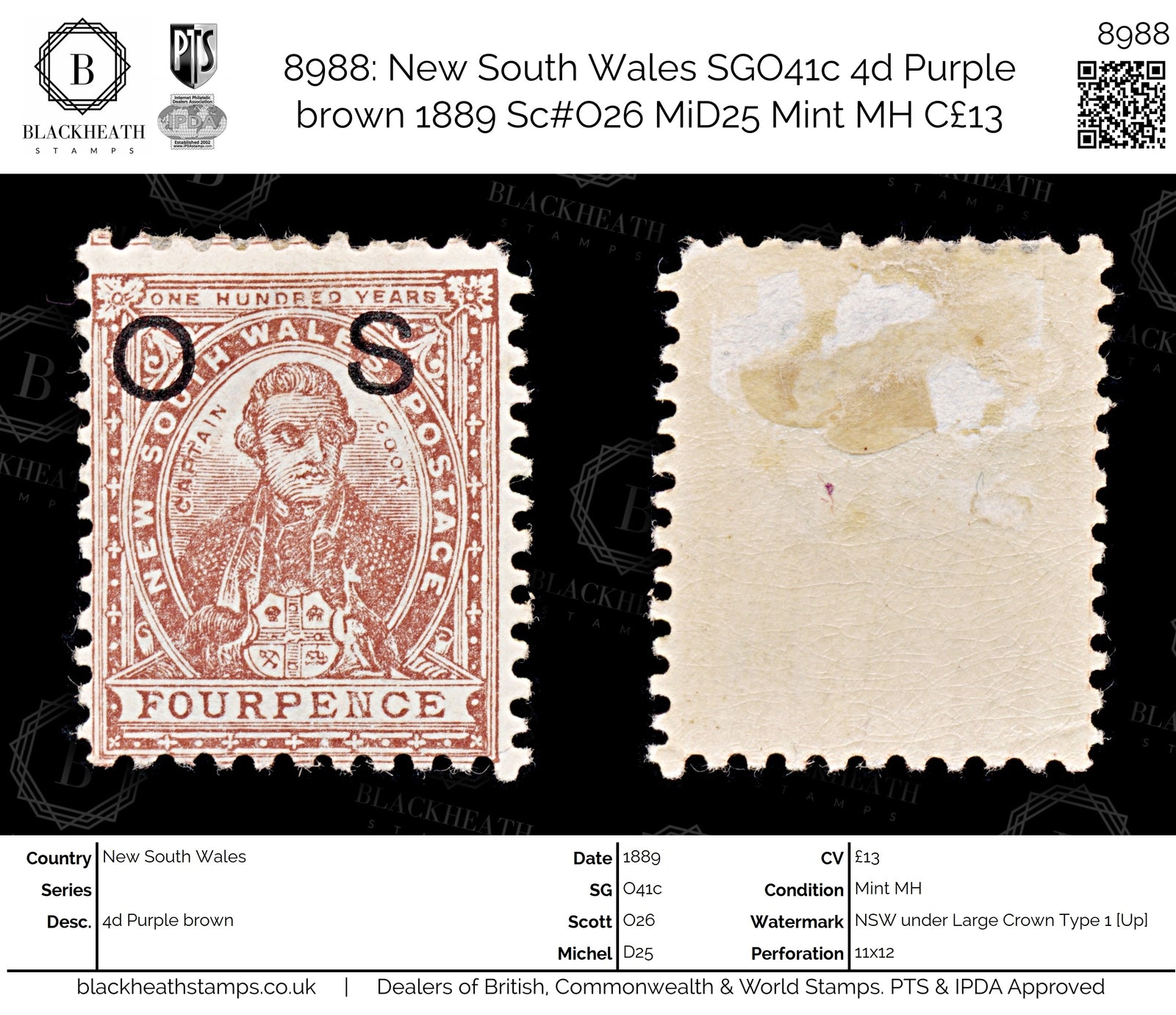 8988: New South Wales SGO41c 4d Purple brown 1889 Sc#O26 MiD25 Mint MH C£13