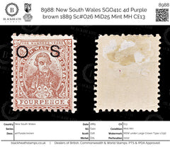 8988: New South Wales SGO41c 4d Purple brown 1889 Sc#O26 MiD25 Mint MH C£13, view 1