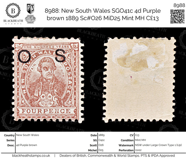 8988: New South Wales SGO41c 4d Purple brown 1889 Sc#O26 MiD25 Mint MH C£13