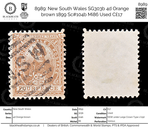 8989: New South Wales SG303b 4d Orange brown 1899 Sc#104b Mi86 Used C£17