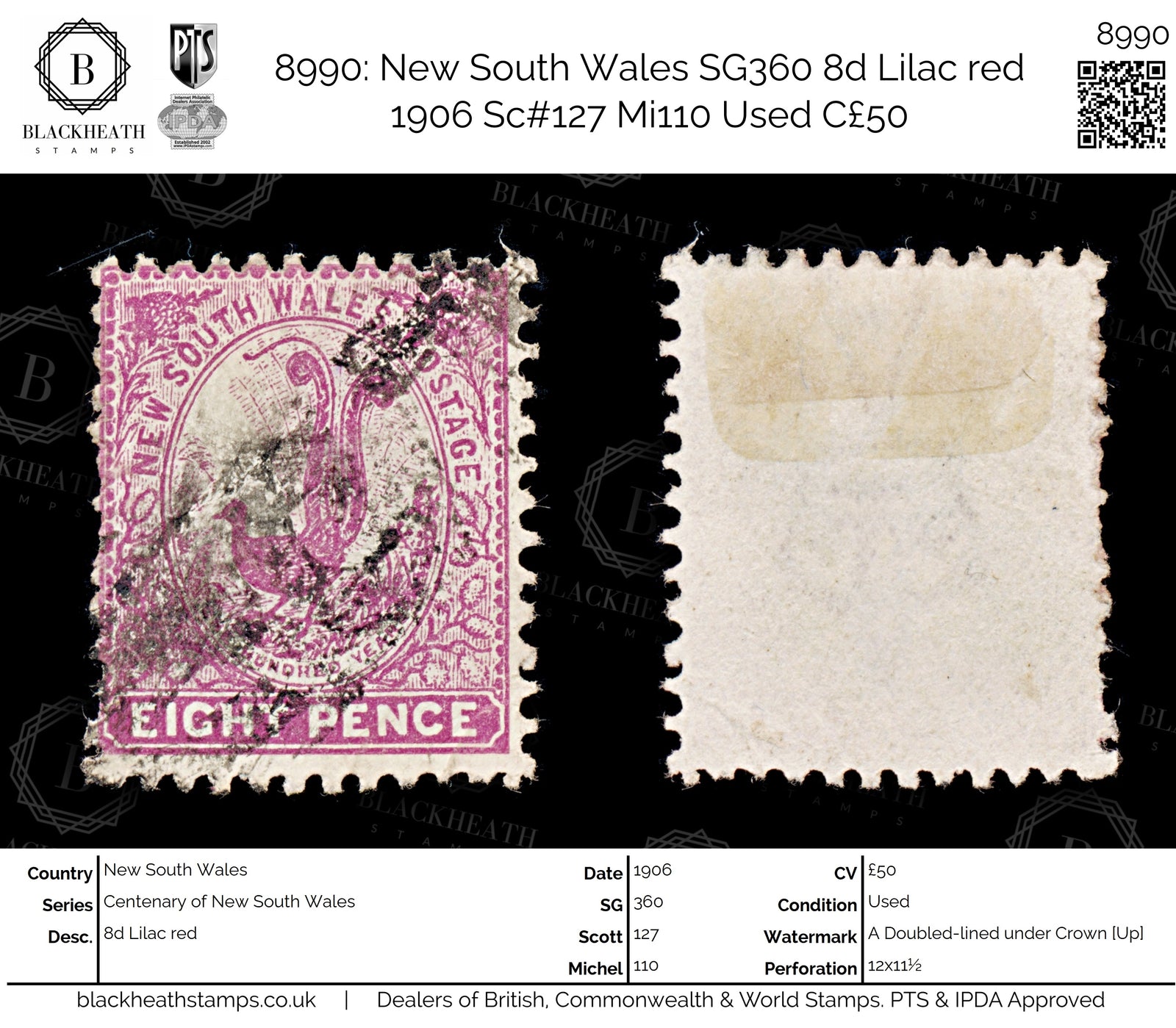 8990: New South Wales SG360 8d Lilac red 1906 Sc#127 Mi110 Used C£50