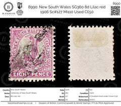 8990: New South Wales SG360 8d Lilac red 1906 Sc#127 Mi110 Used C£50, view 1