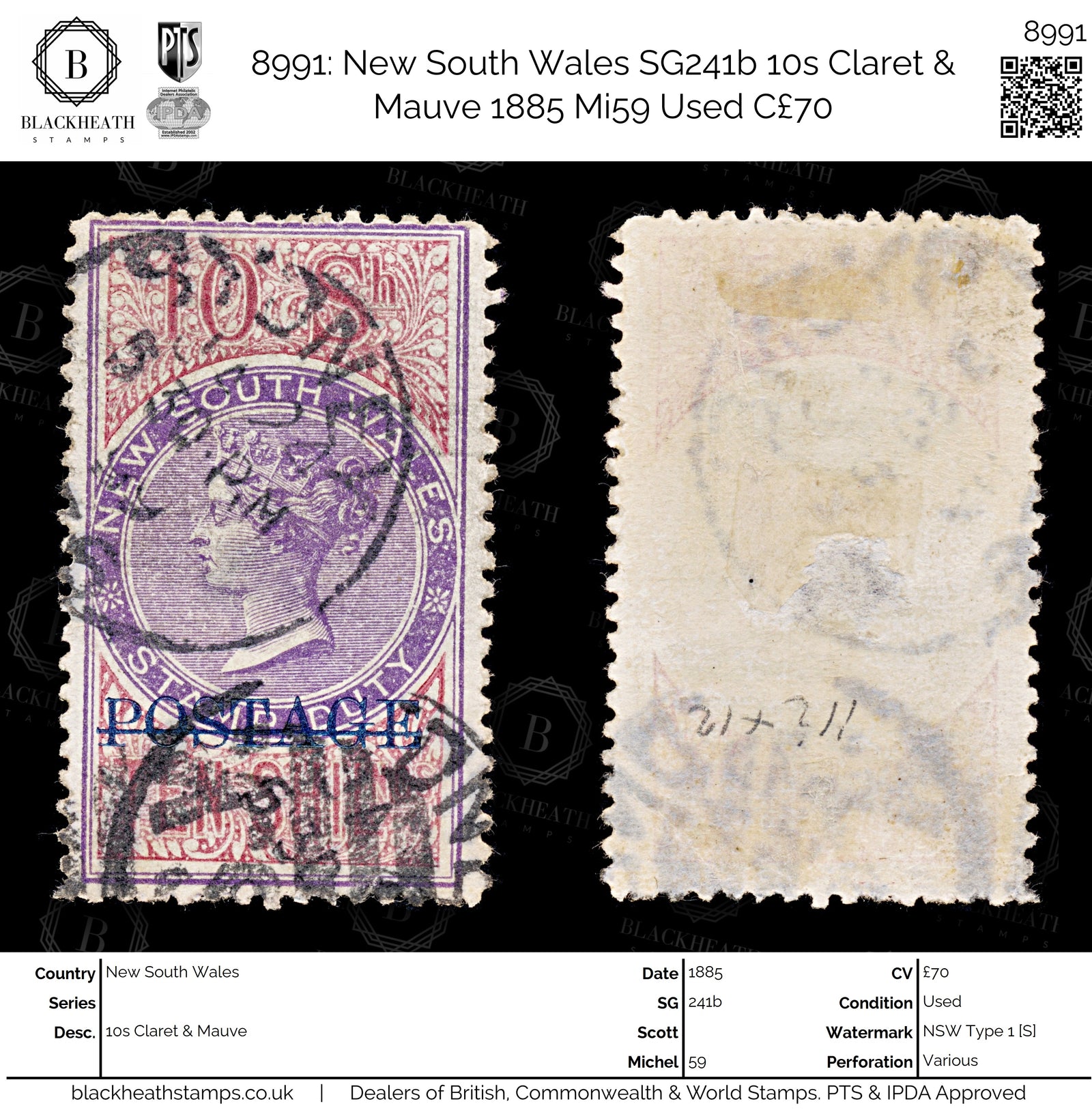 8991: New South Wales SG241b 10s Claret &  Mauve 1885 Mi59 Used C£70