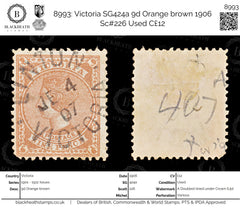 8993: Victoria SG424a 9d Orange brown 1906 Sc#226 Used C£12, view 1