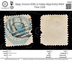 8995: Victoria SG81 1s Indigo 1859 Sc#25 Mi6A Filler C£16, view 1