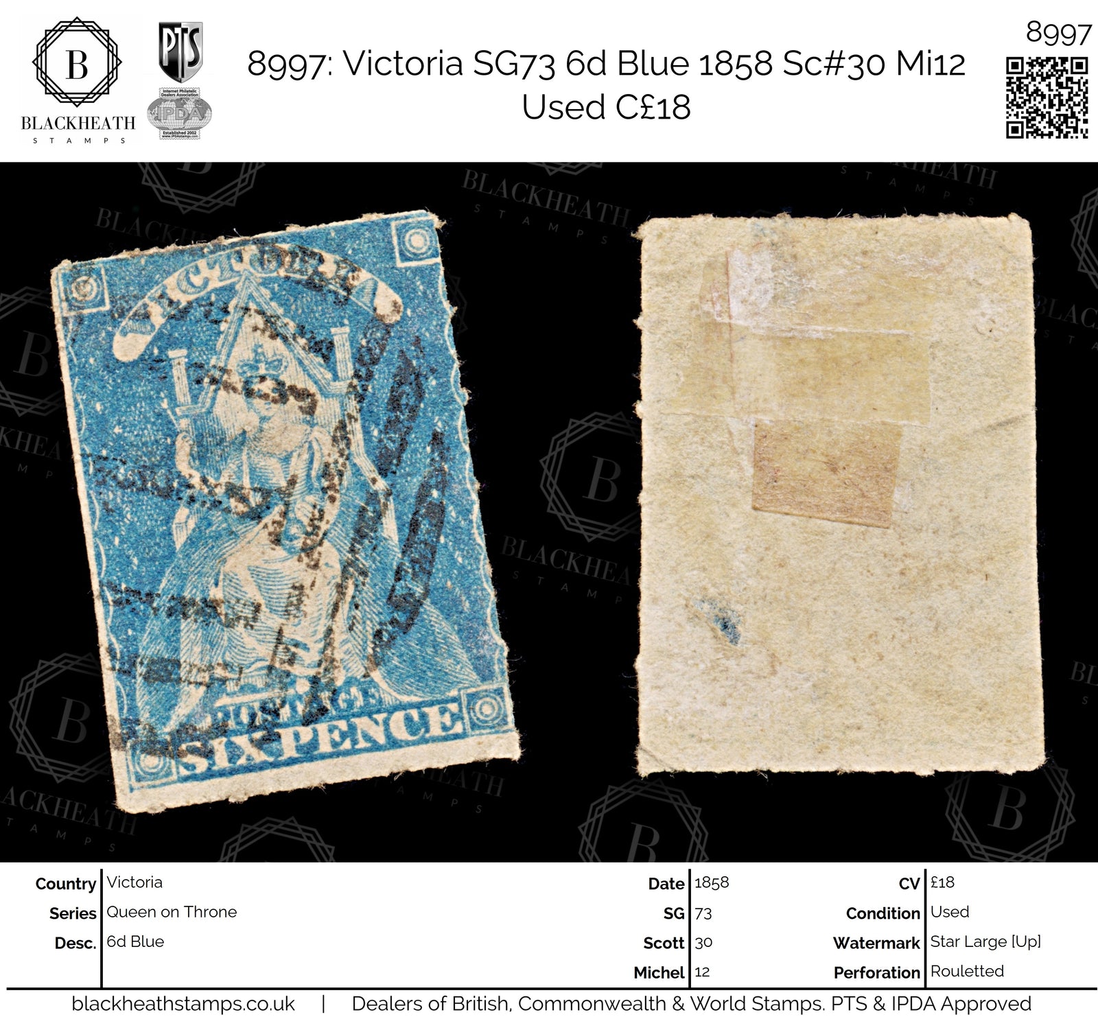 8997: Victoria SG73 6d Blue 1858 Sc#30 Mi12 Used C£18