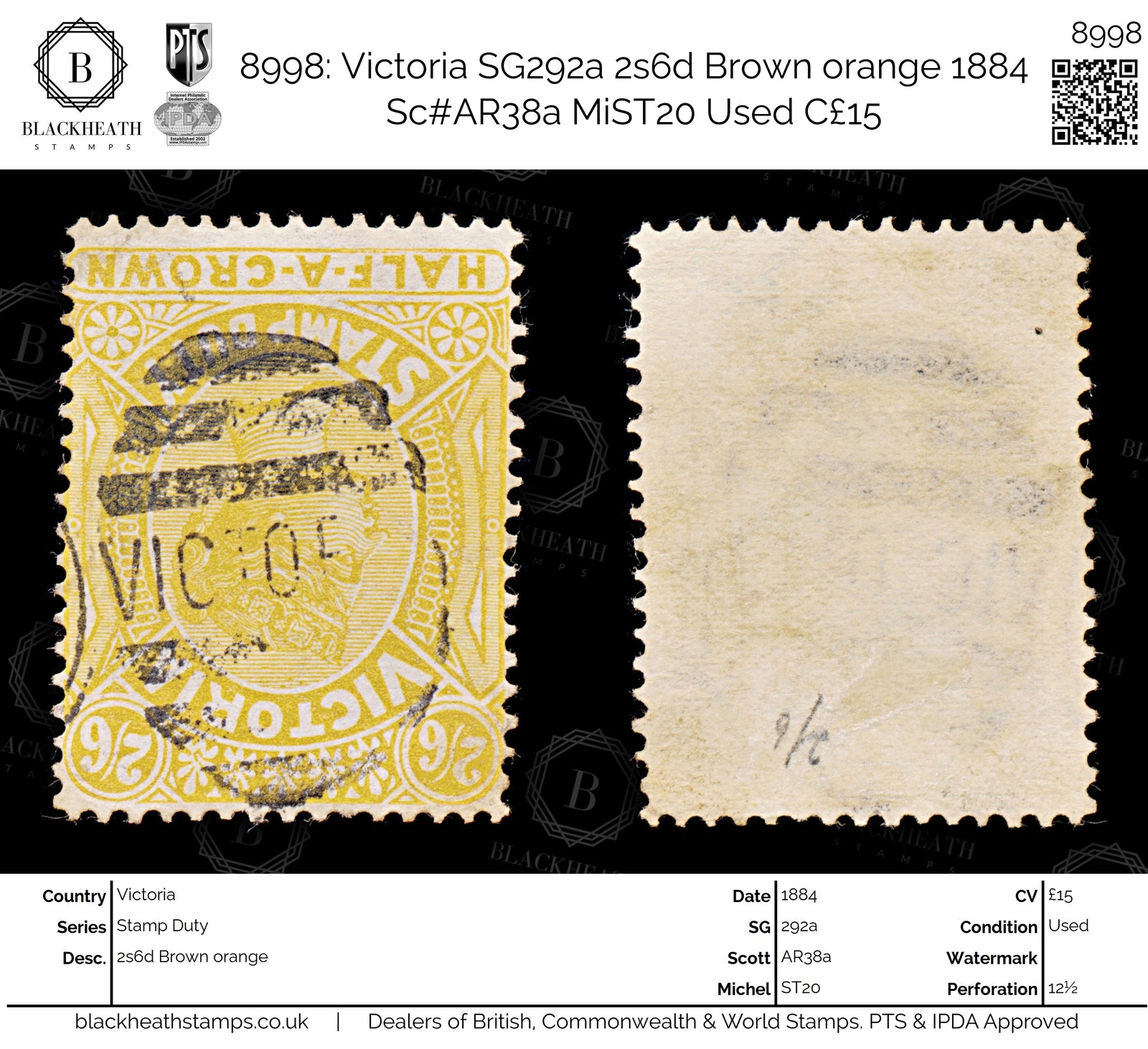 8998: Victoria SG292a 2s6d Brown orange 1884 Sc#AR38a MiST20 Used C£15