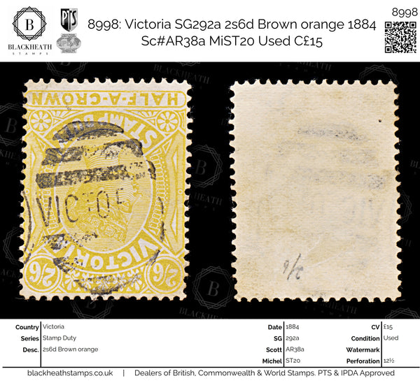 8998: Victoria SG292a 2s6d Brown orange 1884 Sc#AR38a MiST20 Used C£15