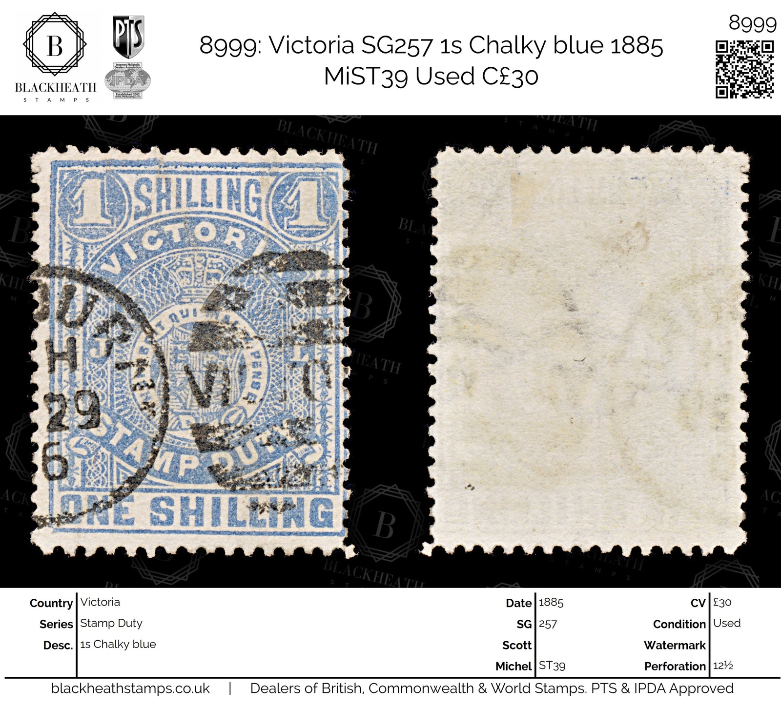 8999: Victoria SG257 1s Chalky blue 1885 MiST39 Used C£30