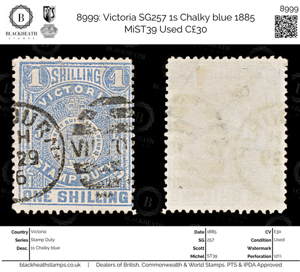 8999: Victoria SG257 1s Chalky blue 1885 MiST39 Used C£30