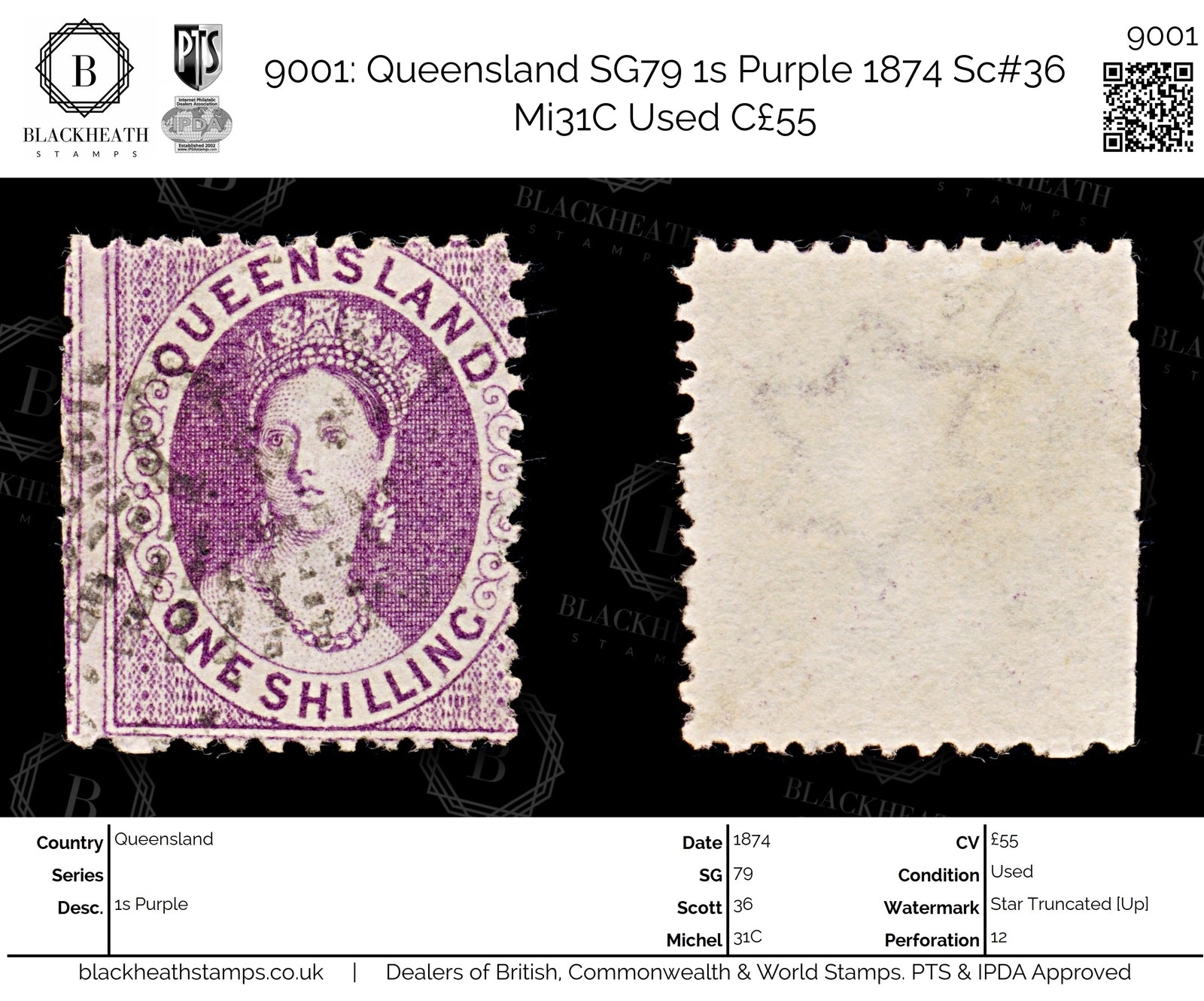 9001: Queensland SG79 1s Purple 1874 Sc#36 Mi31C Used C£55
