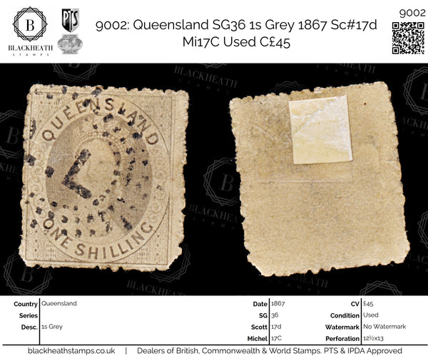 9002: Queensland SG36 1s Grey 1867 Sc#17d Mi17C Used C£45