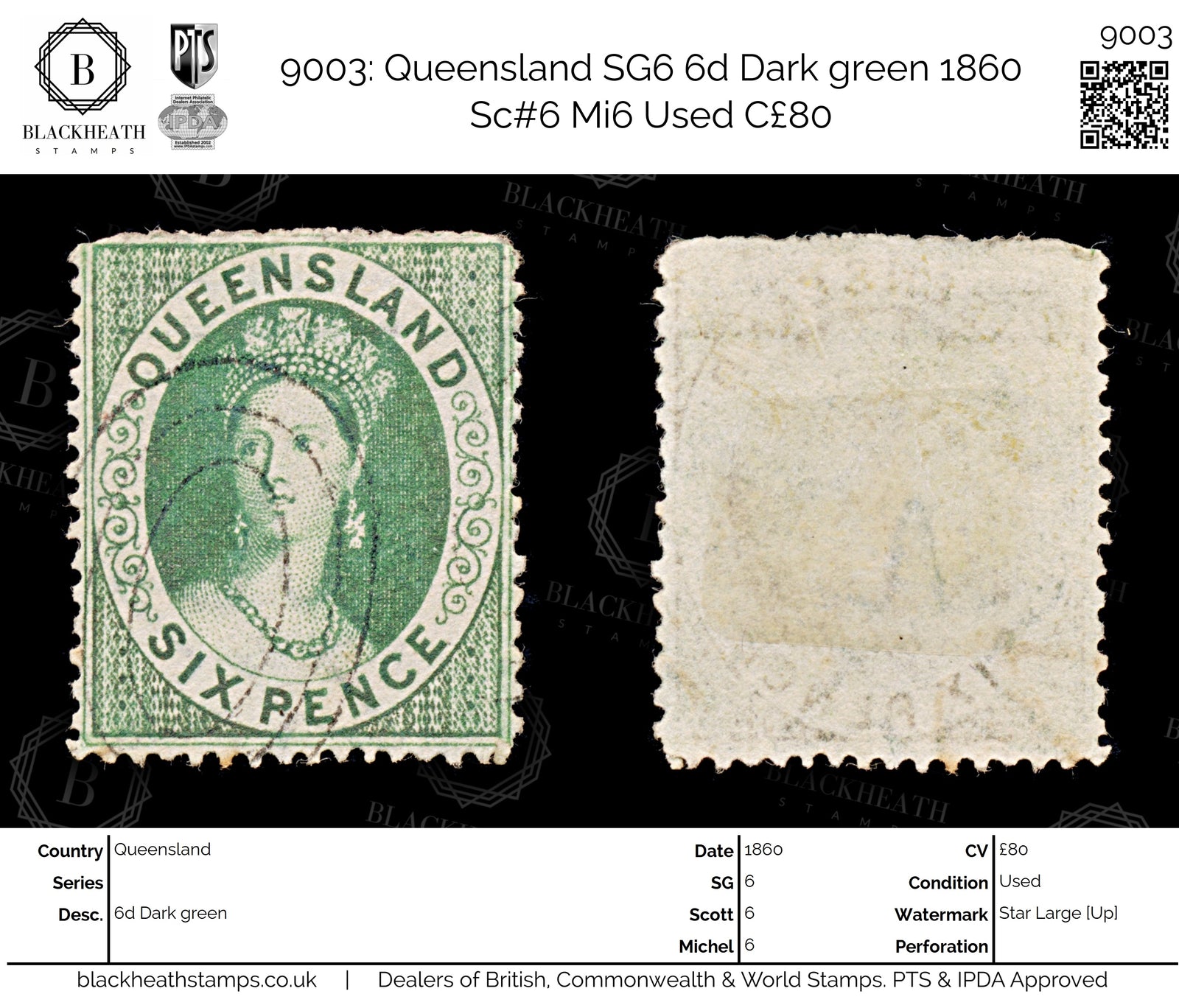 9003: Queensland SG6 6d Dark green 1860 Sc#6 Mi6 Used C£80