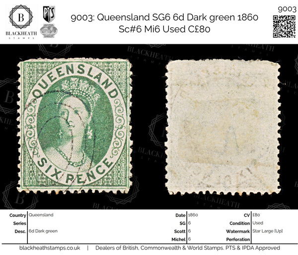 9003: Queensland SG6 6d Dark green 1860 Sc#6 Mi6 Used C£80