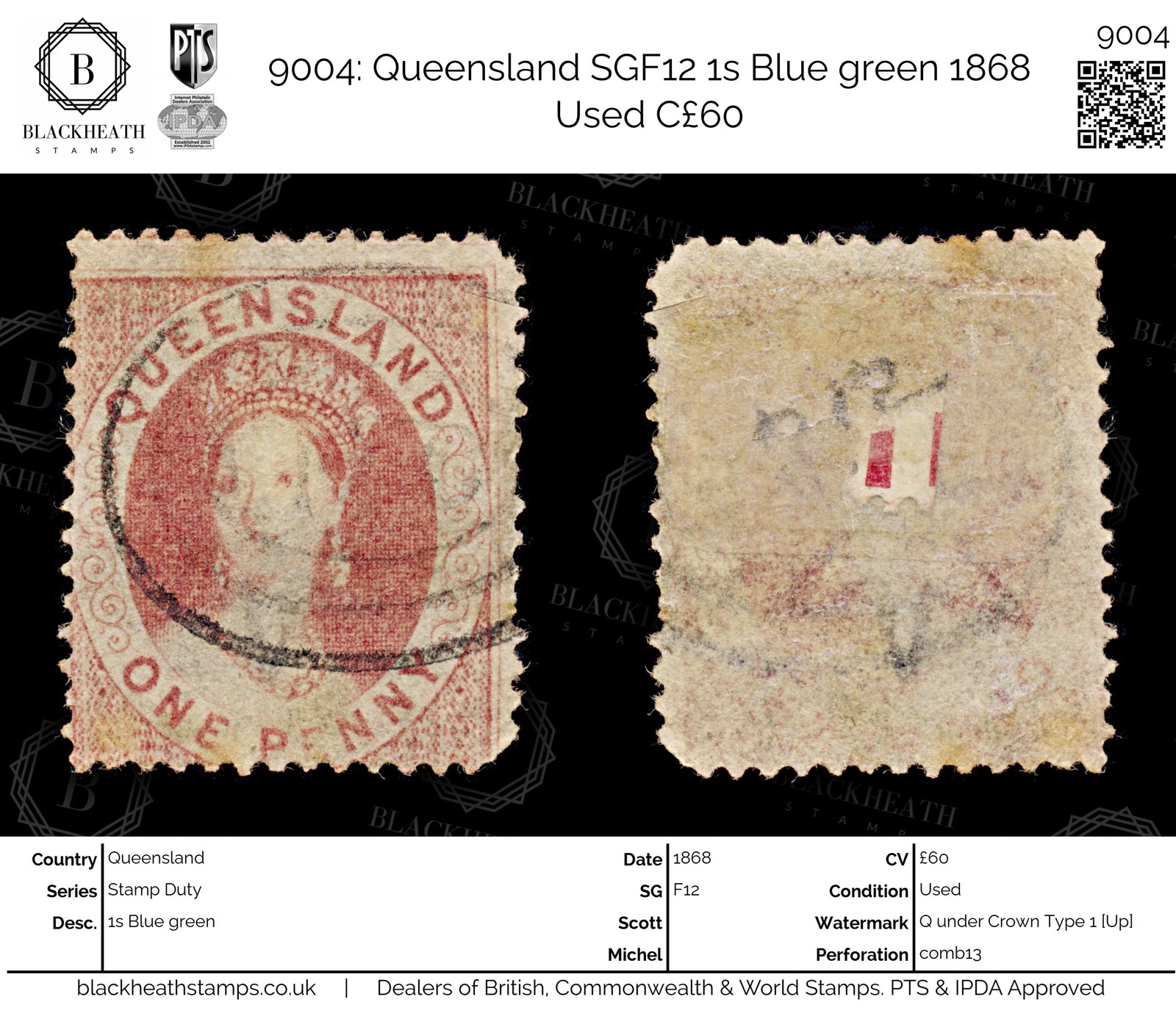 9004: Queensland SGF12 1s Blue green 1868 Used C£60