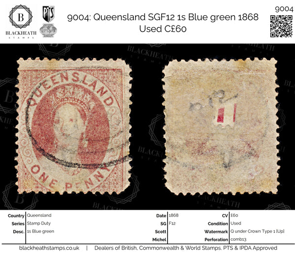 9004: Queensland SGF12 1s Blue green 1868 Used C£60
