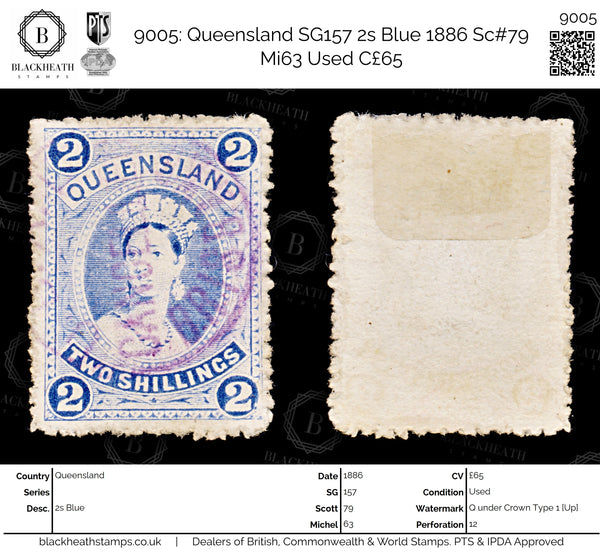 9005: Queensland SG157 2s Blue 1886 Sc#79 Mi63 Used C£65