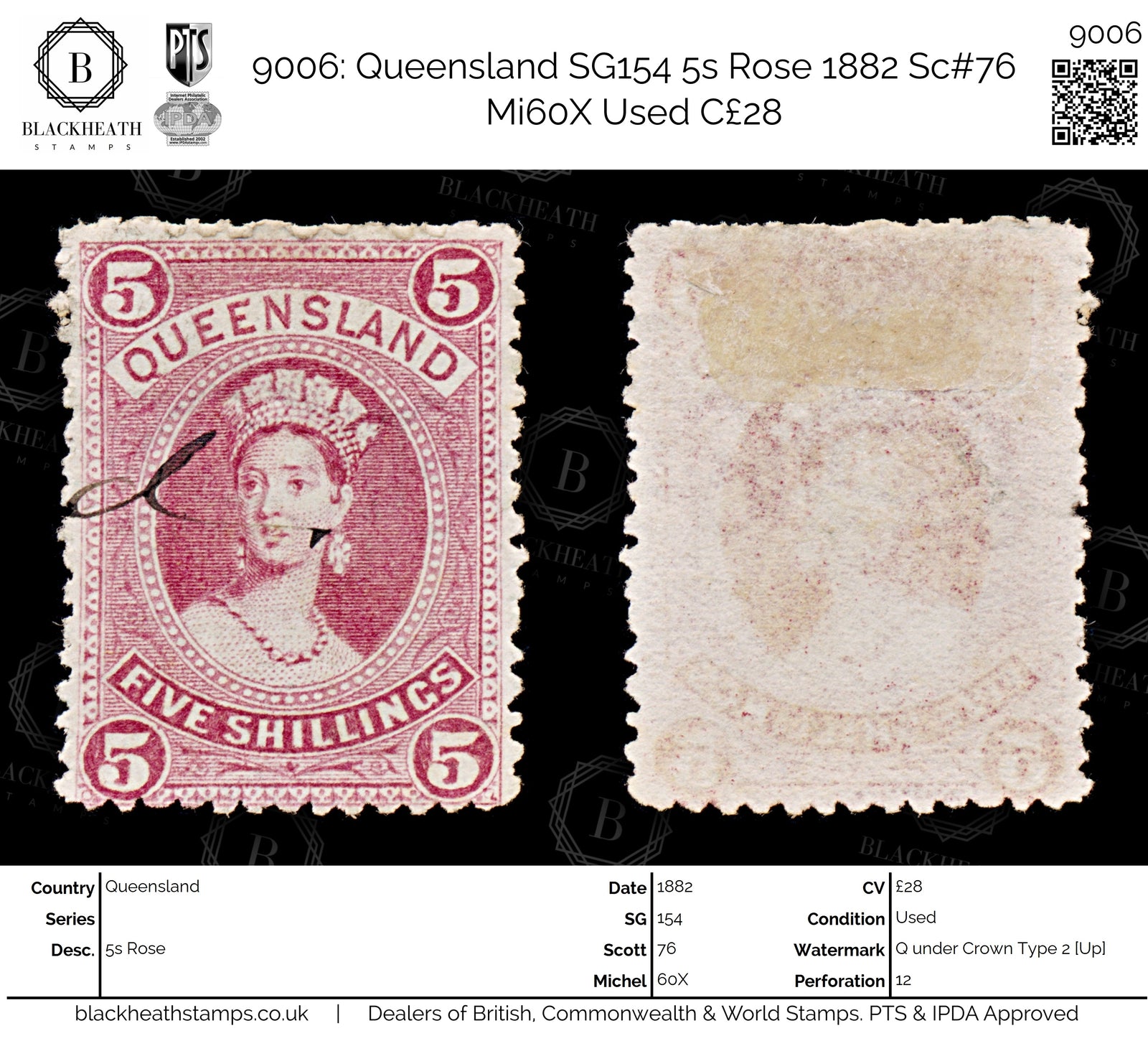 9006: Queensland SG154 5s Rose 1882 Sc#76 Mi60X Used C£28