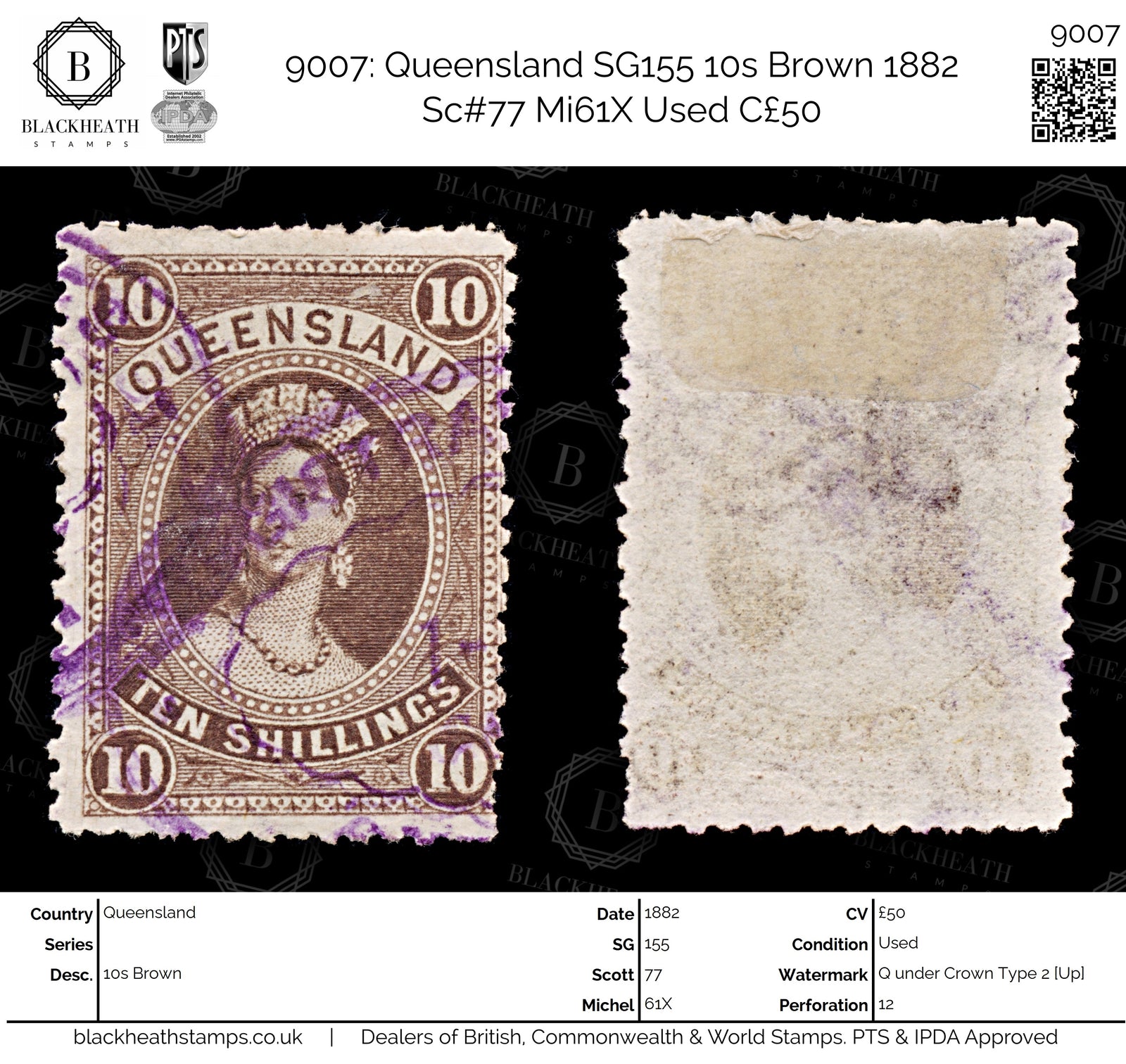 9007: Queensland SG155 10s Brown 1882 Sc#77 Mi61X Used C£50