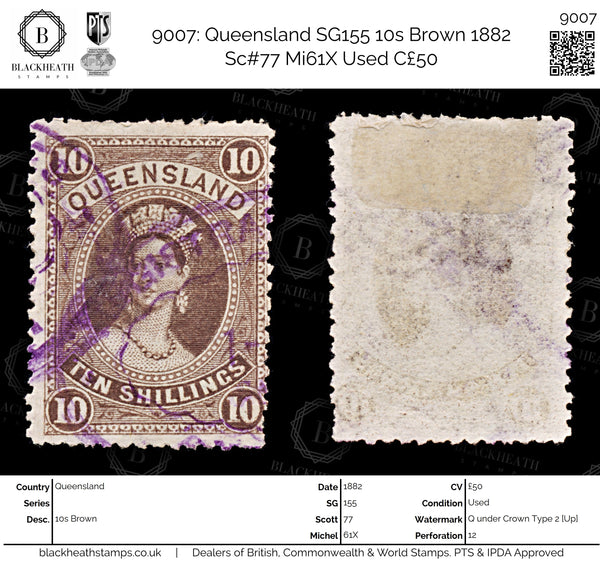 9007: Queensland SG155 10s Brown 1882 Sc#77 Mi61X Used C£50