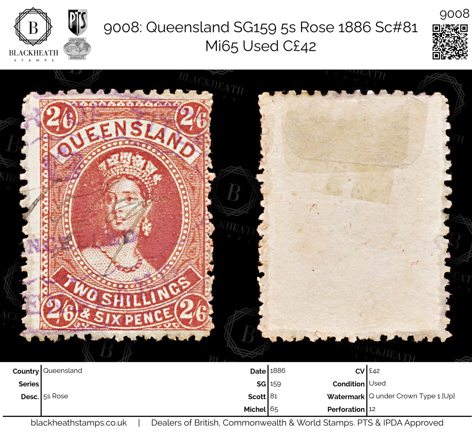 9008: Queensland SG159 5s Rose 1886 Sc#81 Mi65 Used C£42