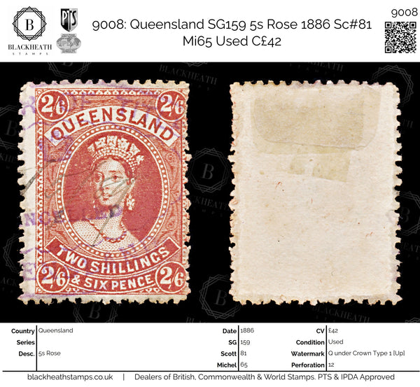 9008: Queensland SG159 5s Rose 1886 Sc#81 Mi65 Used C£42