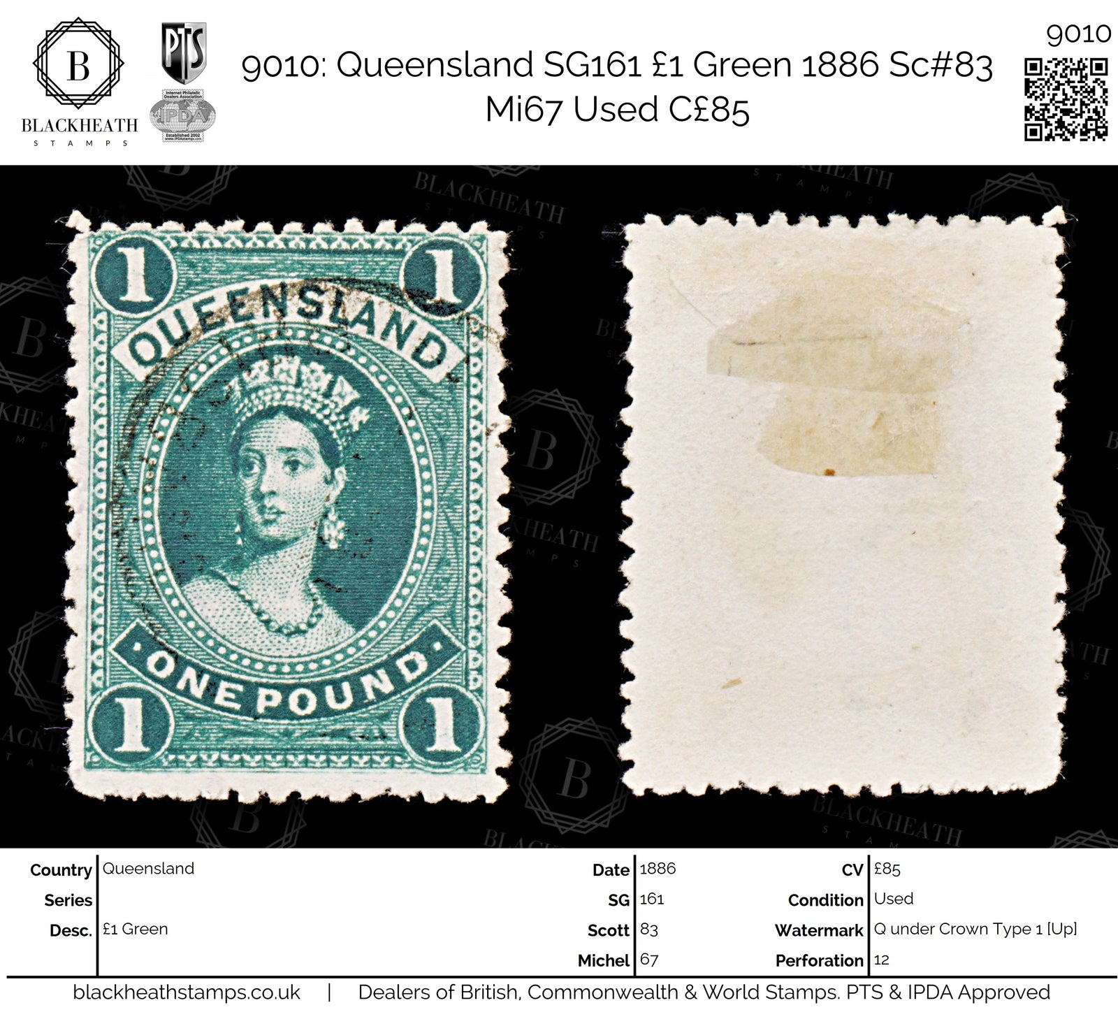 9010: Queensland SG161 £1 Green 1886 Sc#83 Mi67 Used C£85