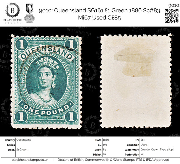 9010: Queensland SG161 £1 Green 1886 Sc#83 Mi67 Used C£85