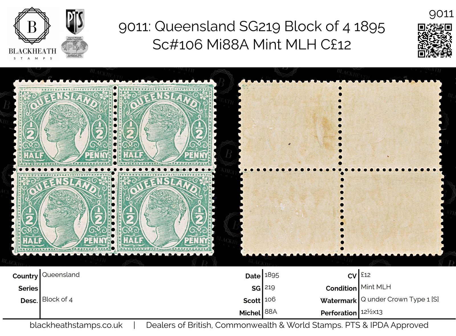 9011: Queensland SG219 Block of 4 1895 Sc#106 Mi88A Mint MLH C£12