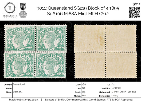 9011: Queensland SG219 Block of 4 1895 Sc#106 Mi88A Mint MLH C£12
