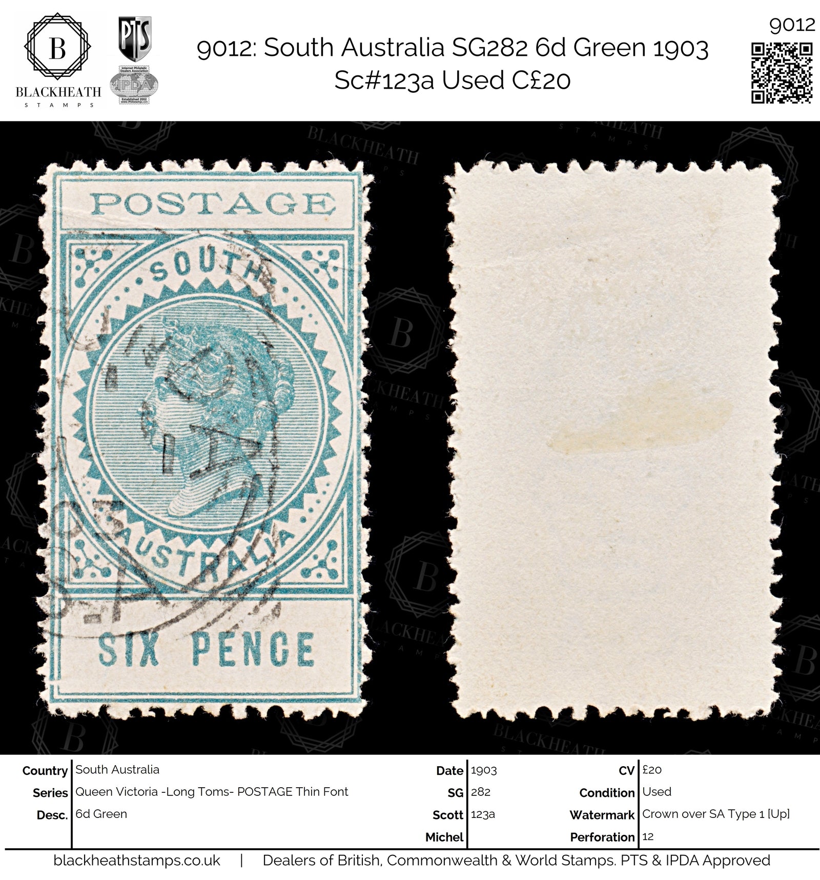 9012: South Australia SG282 6d Green 1903 Sc#123a Used C£20